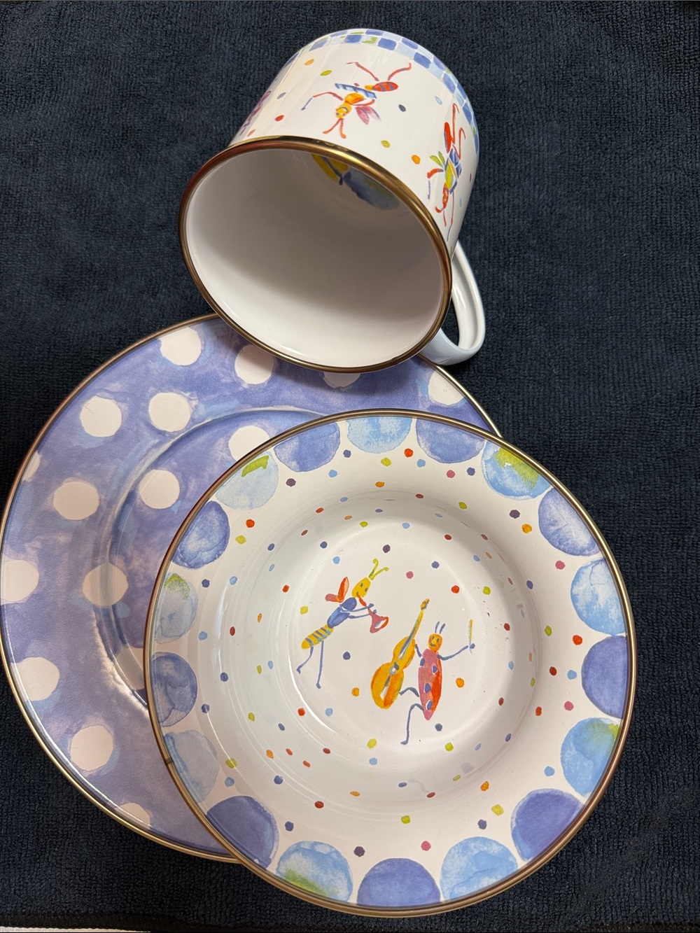 MacKenzie-Childs White and blue kids Dinner Plate  , bowl and cupwith Gold Rim - Picture 9 of 10